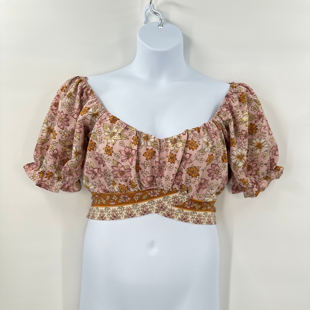 Boho Cottagecore Crop Top Medium Floral Puff Sleeve Pink Yellow Festival